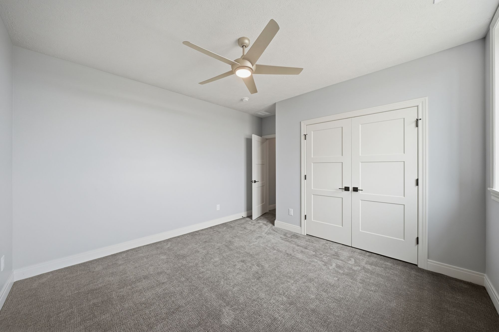 Bedroom with gray walls and gray carpet features a ceiling fan, closet with paneled doors, and an additional door to an adjoining room. The space is lit by natural light and the ceiling fan's integrated light fixture.