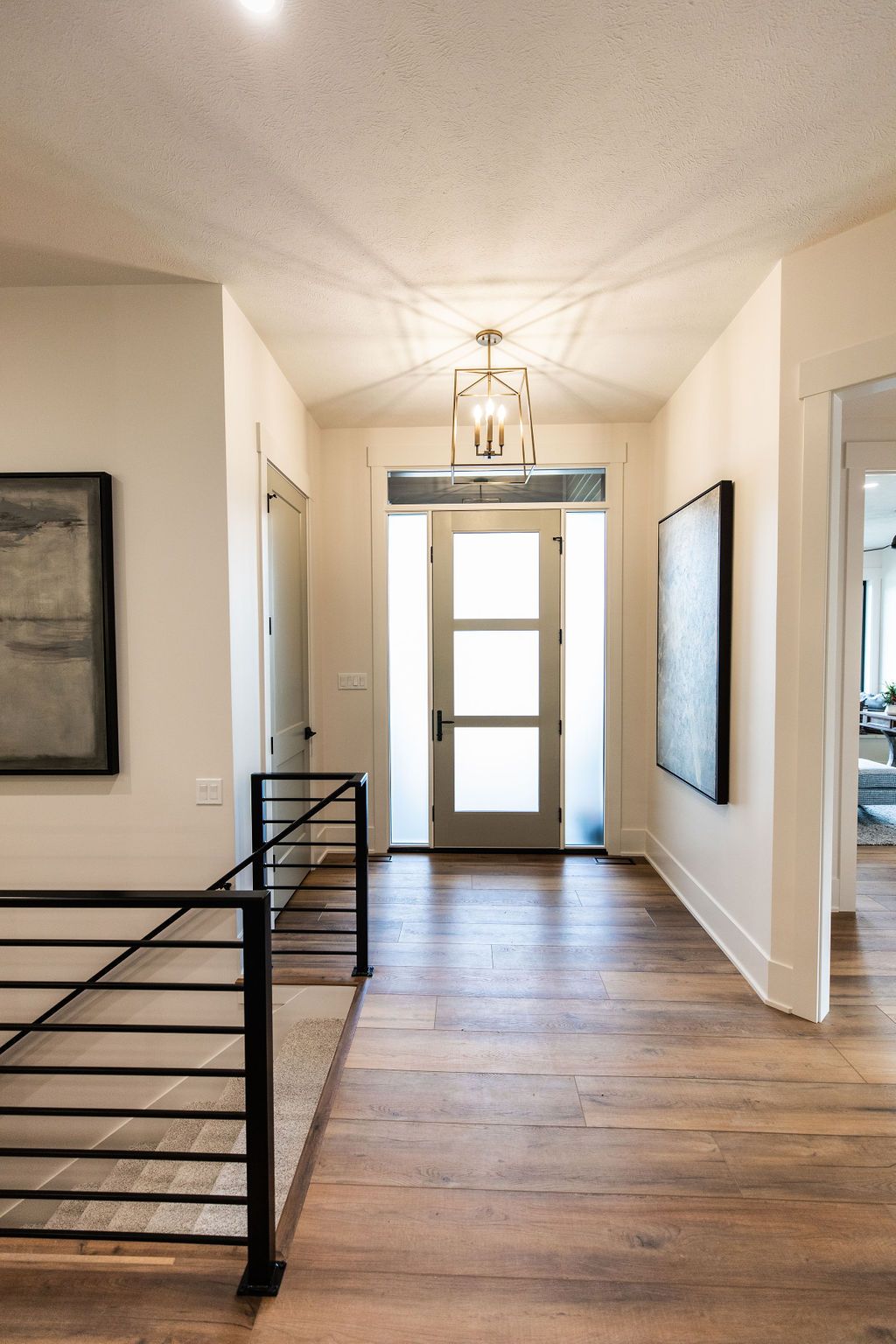 Entryway featuring hardwood floors and a modern front door with sidelights and transom window. A black metal railing leads to the lower level stairs, with abstract artwork on the walls.