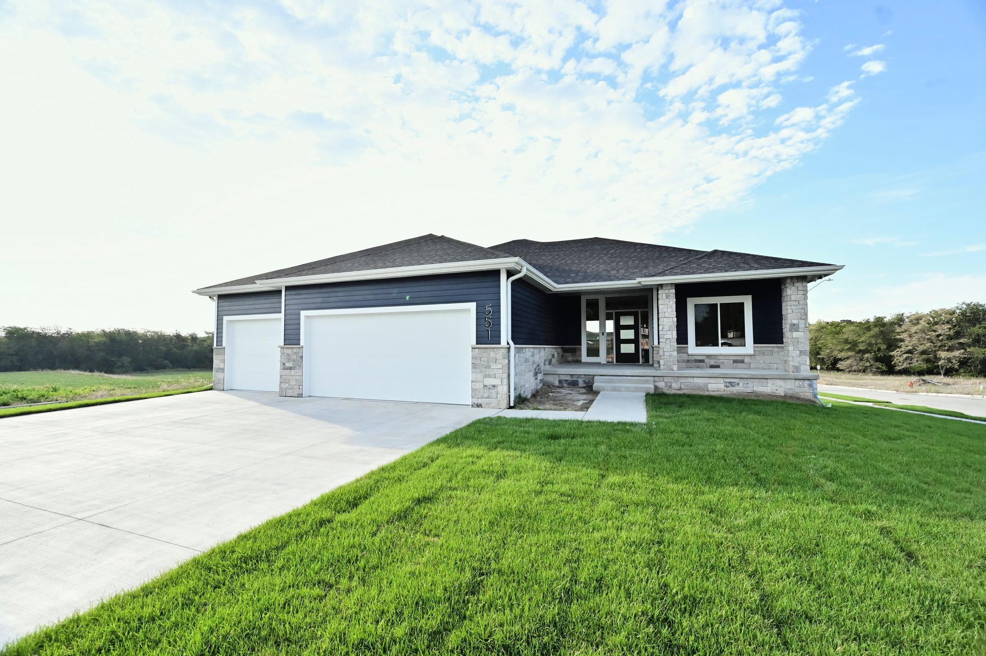 Exterior view of a single-story home featuring a modern design with horizontal blue siding and stone veneer accents. A concrete driveway leads to a three-car garage, complemented by a well-manicured lawn and a partially clouded sky.