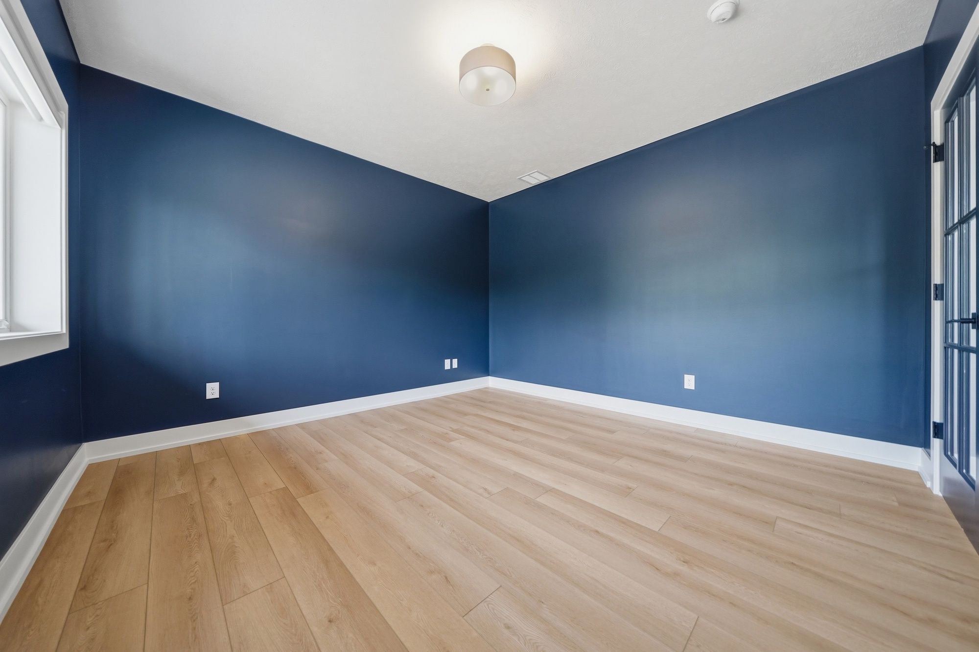 Empty home office featuring bold navy blue walls, light wood flooring, and a glass-paned french door.